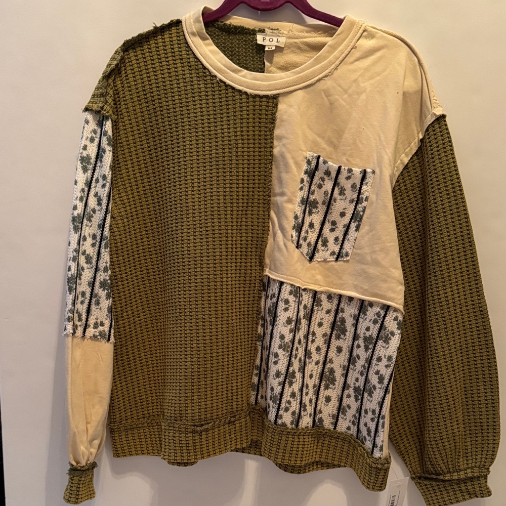 POL Olive and Cream Patchwork Top